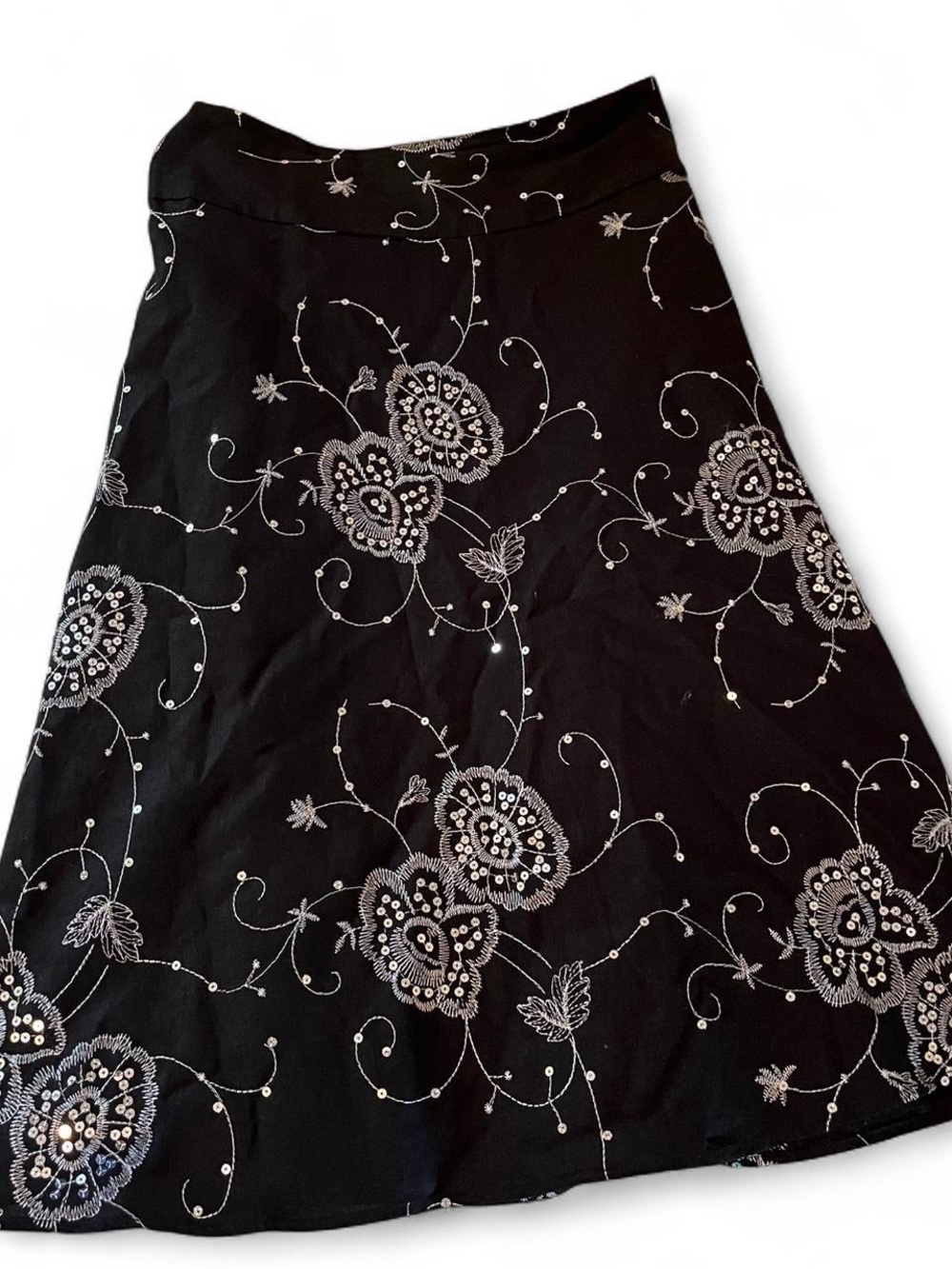 Carole Little Black A-Line Skirt with White Floral Embroidery